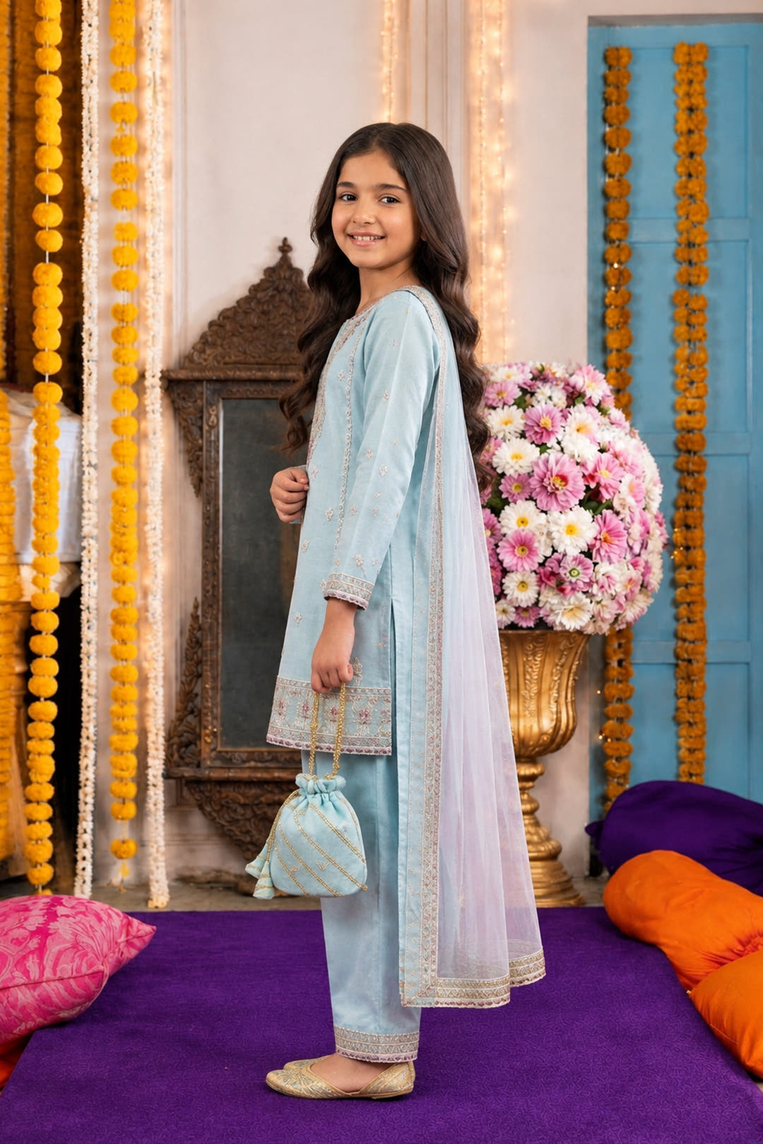 Ice Blue Resham Zari Embroidered 3-Piece | GIrls