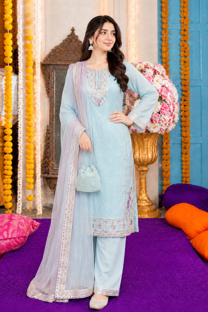 Ice Blue Resham Zari Embroidered 3-Piece
