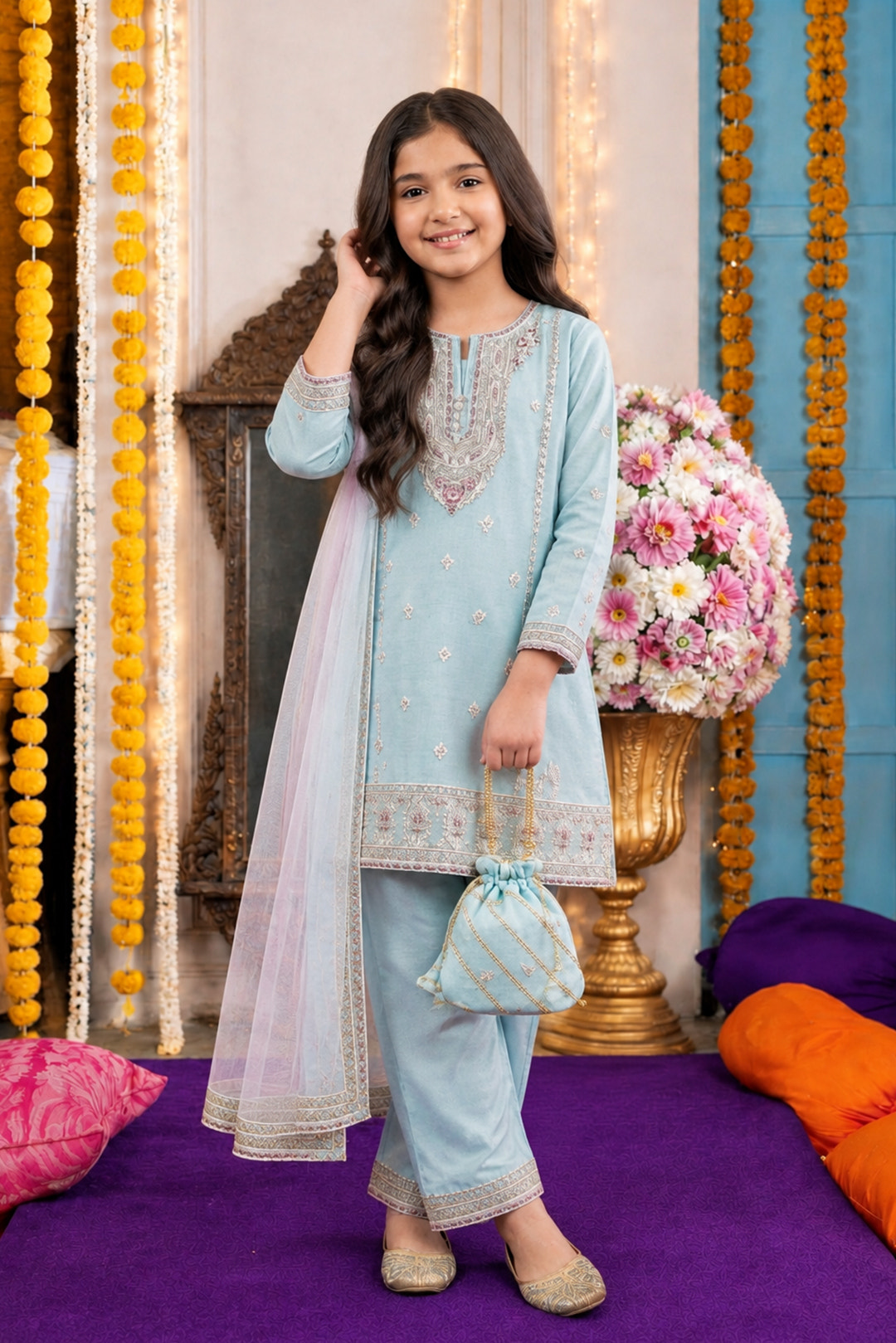 Ice Blue Resham Zari Embroidered 3-Piece | Girls
