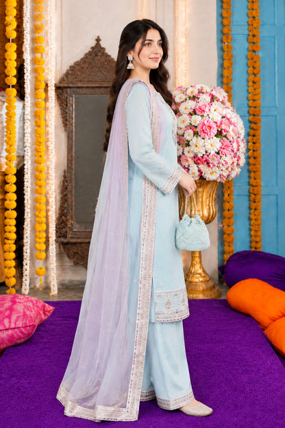 Ice Blue Resham Zari Embroidered 3-Piece
