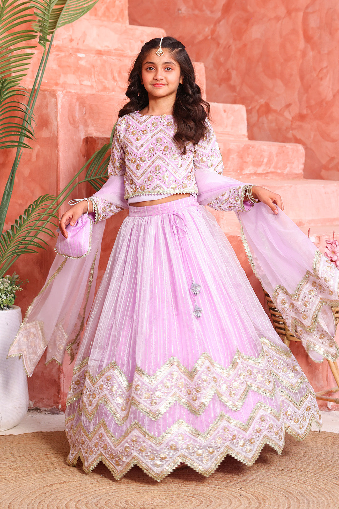 Girls Lavender Chevron Embroidered Lehnga Choli Set with Dupatta & Potli | Mom & Me Wedding Collection | L3293