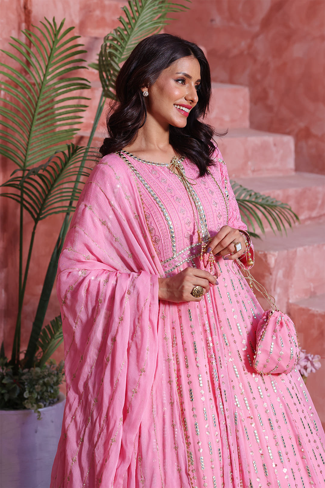Flamingo Pink Embroidered Luxury Festive Chiffon Maxi