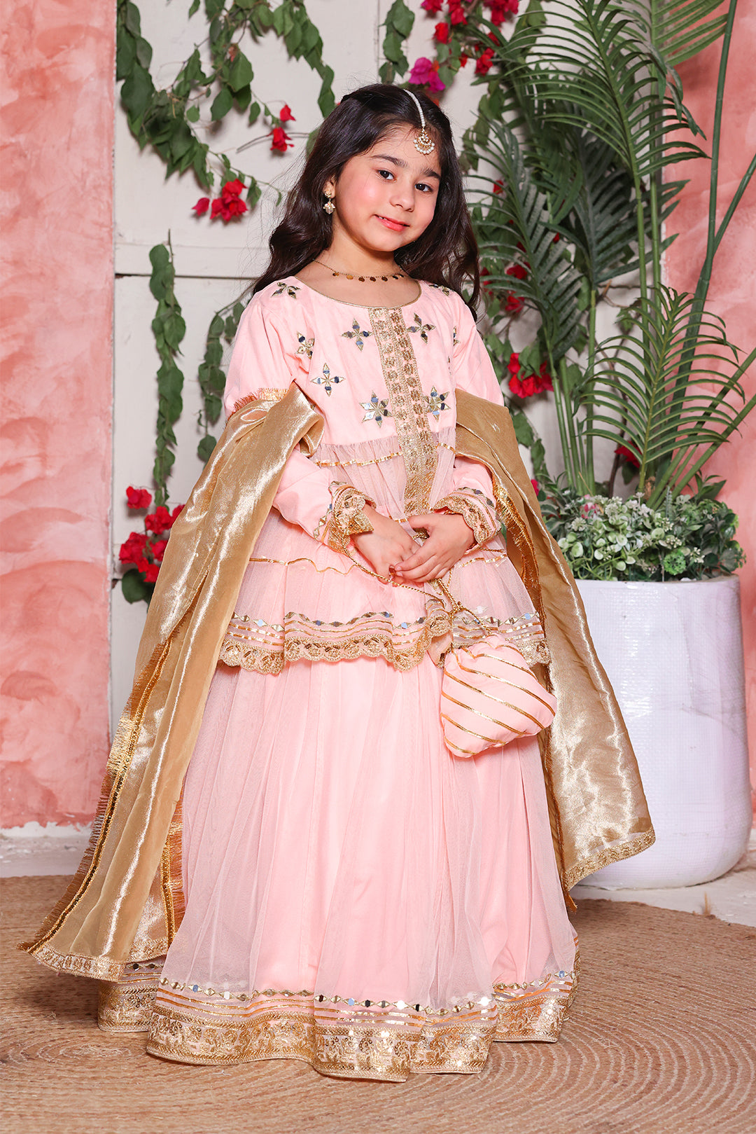 GIRLS PEACH MIRROR WORK PEPLUM LEHENGA SET WITH GOLDEN BROCADE DUPATTA | LUXURY WEDDING WEAR | L3292