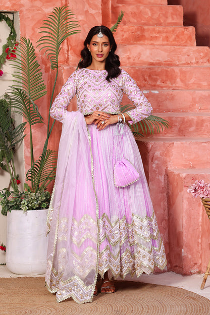 Women Lavender Chevron Embroidered Lehnga Choli Set with Dupatta & Potli | Mom & Me Wedding Collection | L123293