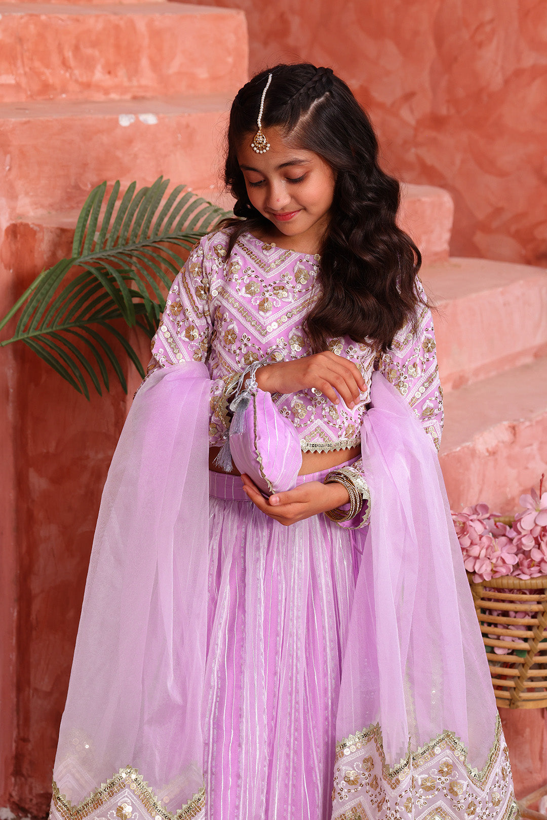 Girls Lavender Chevron Embroidered Lehnga Choli Set with Dupatta & Potli | Mom & Me Wedding Collection | L3293