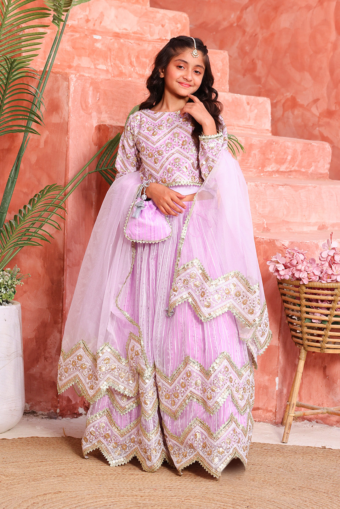 Girls Lavender Chevron Embroidered Lehnga Choli Set with Dupatta & Potli | Mom & Me Wedding Collection | L3293