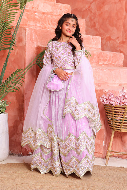 Girls Lavender Chevron Embroidered Lehnga Choli Set with Dupatta & Potli | Mom & Me Wedding Collection | L3293