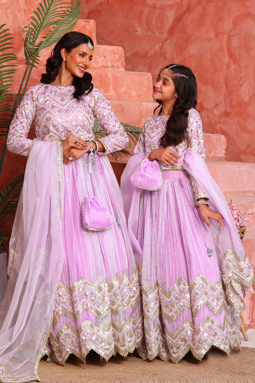 Girls Lavender Chevron Embroidered Lehnga Choli Set with Dupatta & Potli | Mom & Me Wedding Collection | L3293