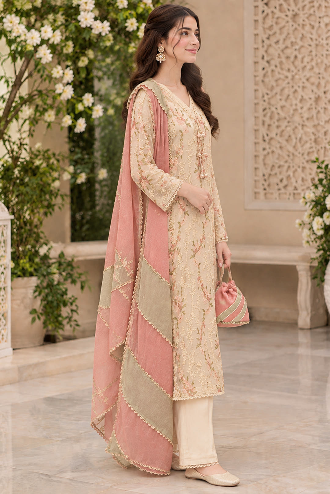 Cream Embroidered Cotton Net Kalidaar 3-Piece Suit Set