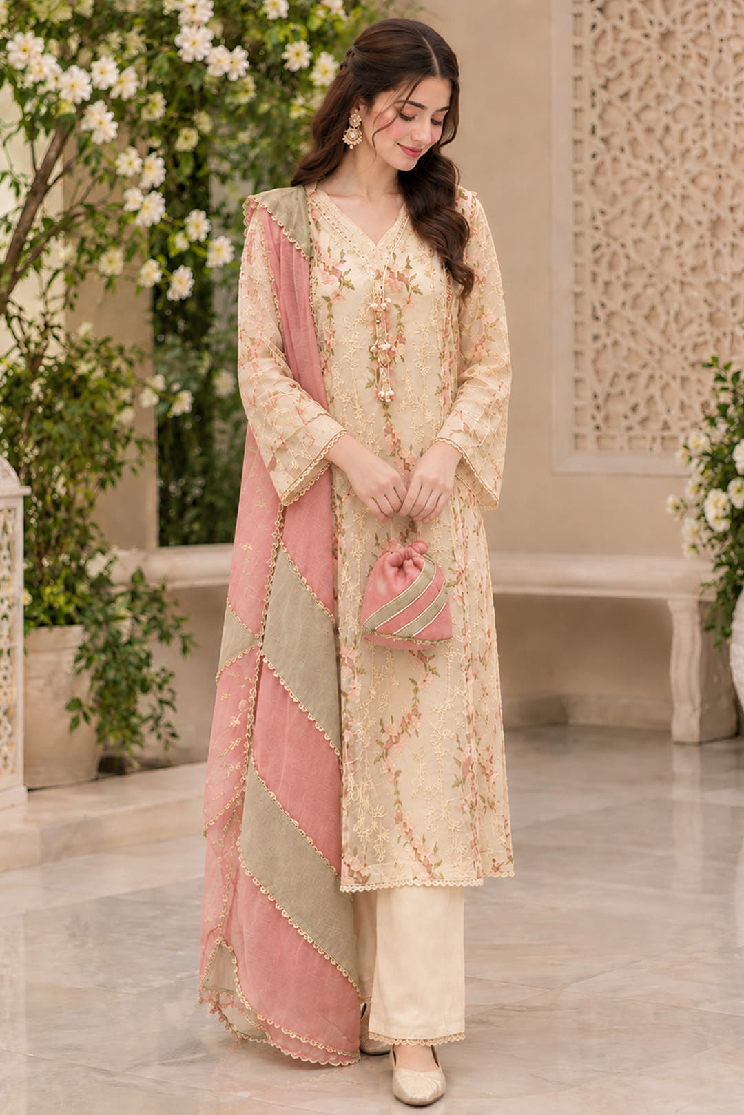 Cream Embroidered Cotton Net Kalidaar 3-Piece Suit Set