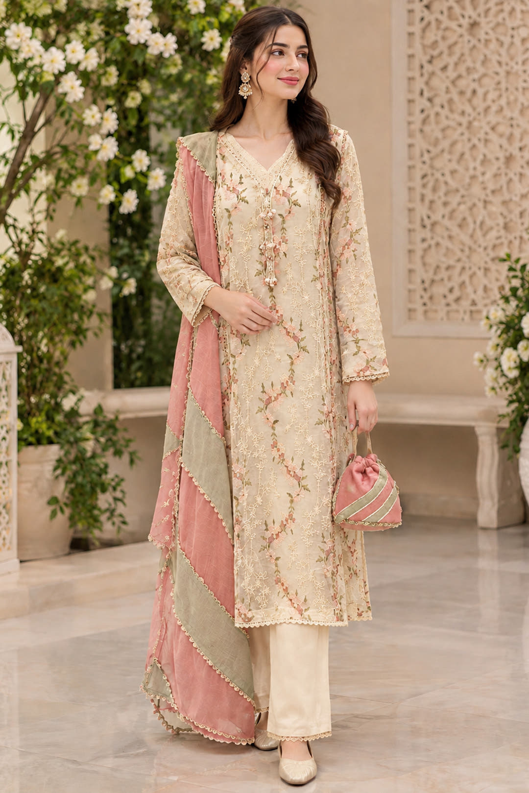 Cream Embroidered Cotton Net Kalidaar 3-Piece Suit Set