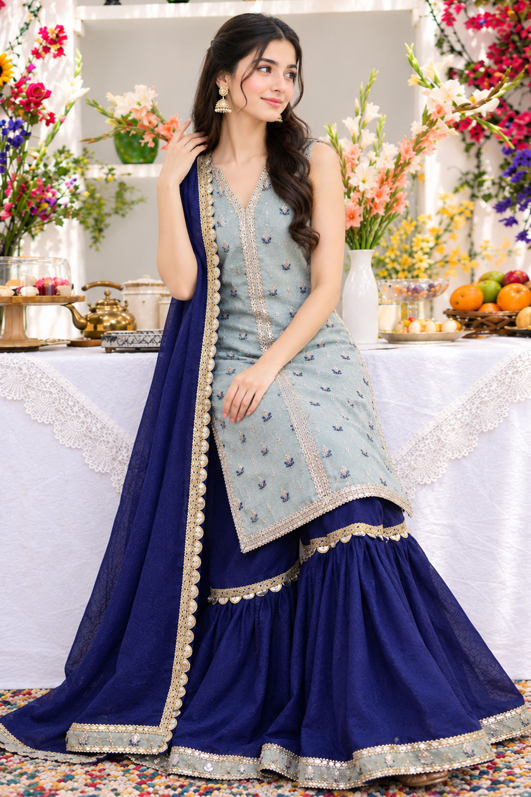 Front-Open Floral Jacquard Lurex Shirt with Gharara Set