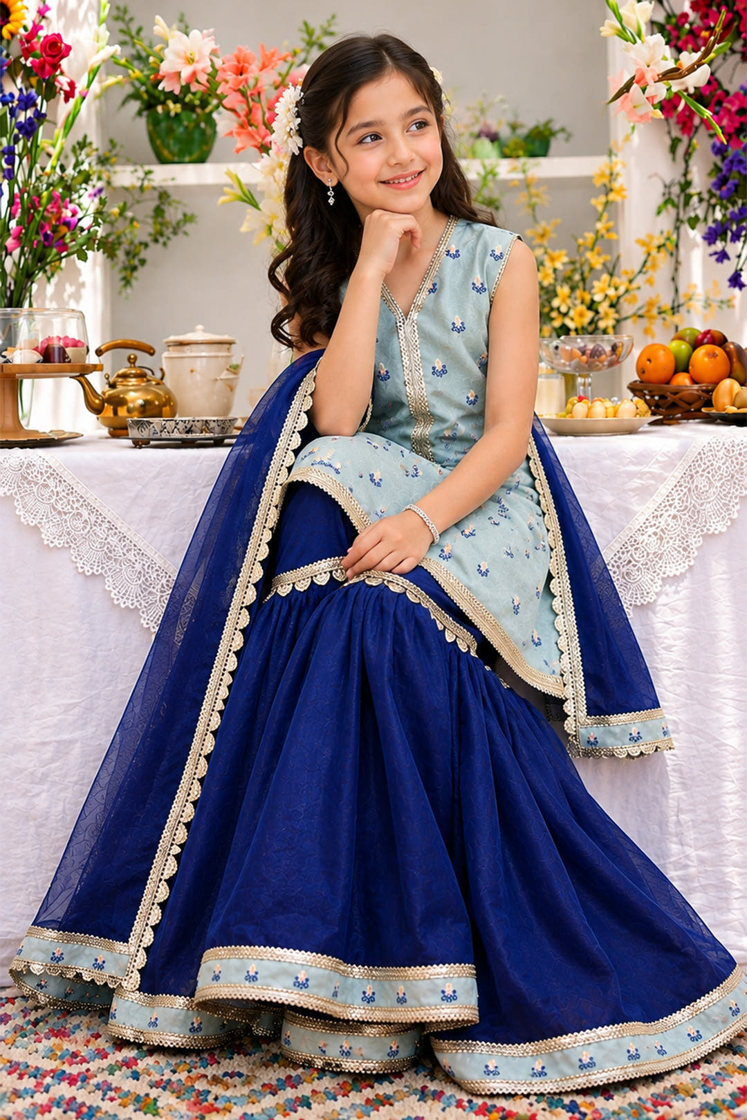 Front-Open Floral Jacquard Lurex Shirt with Gharara Set  | Girls