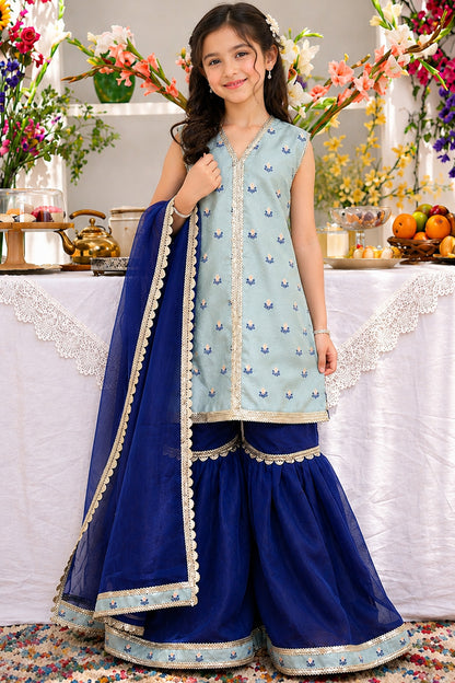 Front-Open Floral Jacquard Lurex Shirt with Gharara Set  | Girls