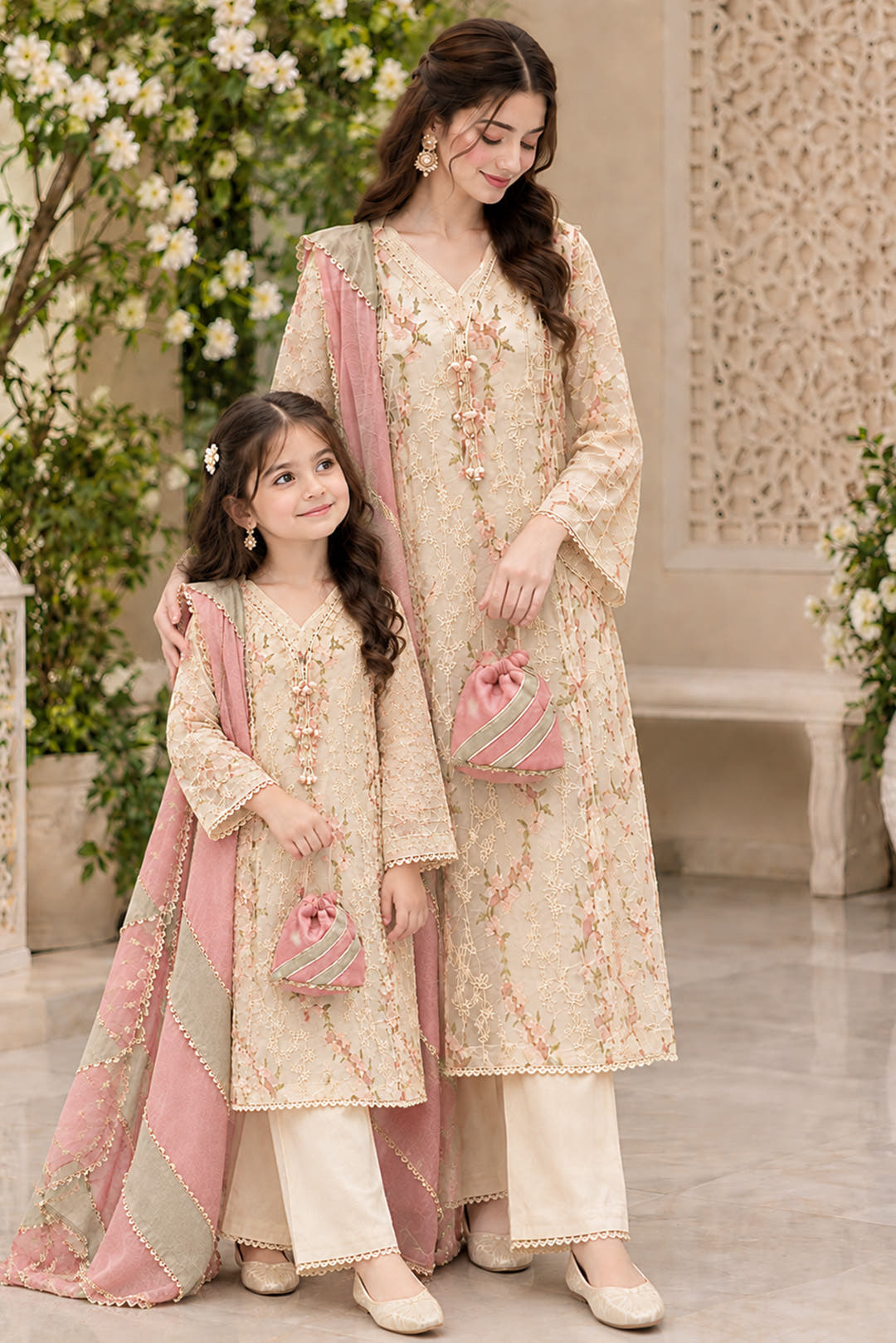 Cream Embroidered Cotton Net Kalidaar 3-Piece Suit Set | Girls