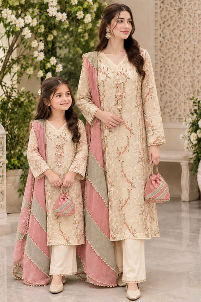 Cream Embroidered Cotton Net Kalidaar 3-Piece Suit Set