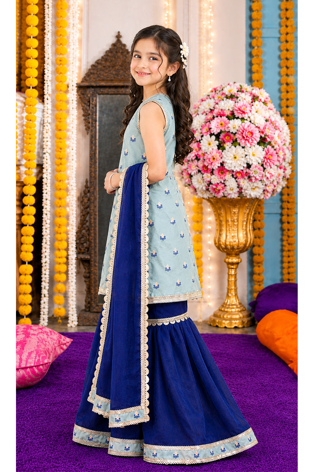 Front-Open Floral Jacquard Lurex Shirt with Gharara Set  | Girls