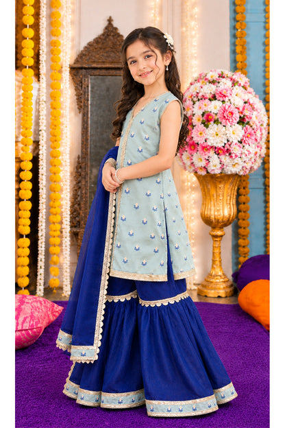 Front-Open Floral Jacquard Lurex Shirt with Gharara Set  | Girls