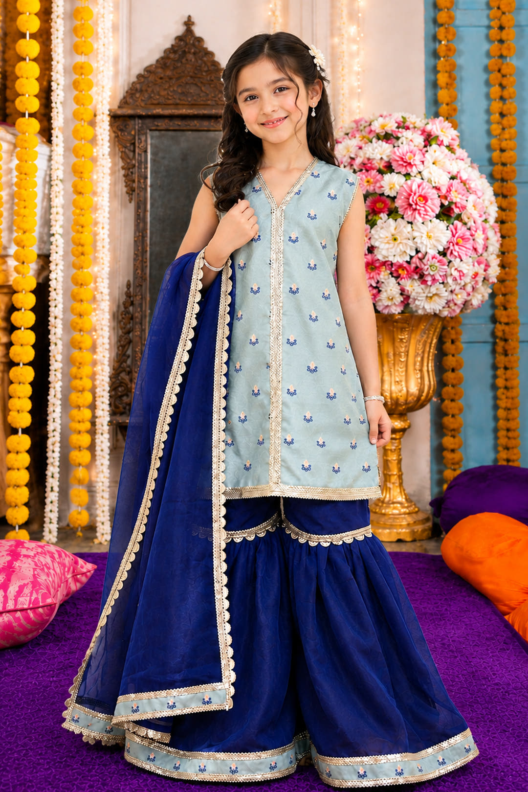 Front-Open Floral Jacquard Lurex Shirt with Gharara Set  | Girls