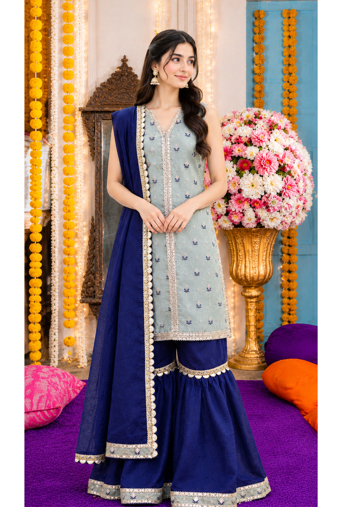 Front-Open Floral Jacquard Lurex Shirt with Gharara Set