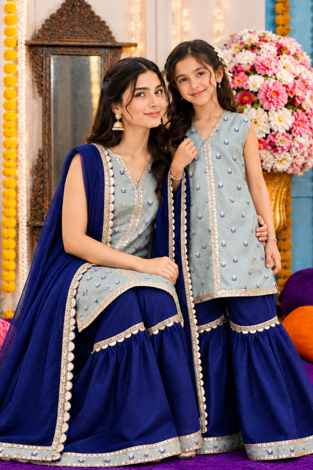 Front-Open Floral Jacquard Lurex Shirt with Gharara Set  | Girls