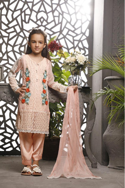 girls peach chiffon silk embroidered ethnic 3 piece suit Pakistan