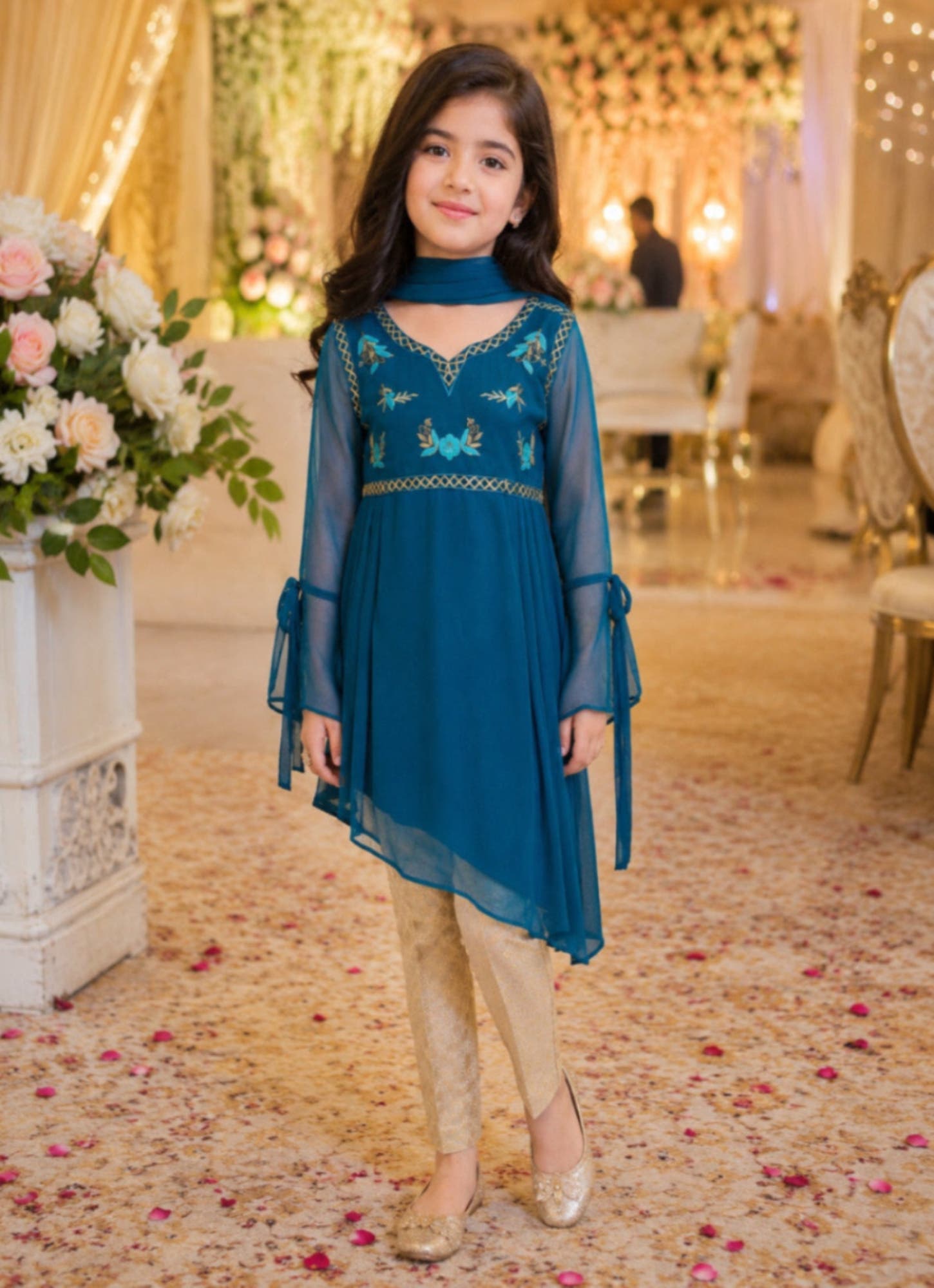 girls teal blue asymmetric embroidered festive 3-piece suit Pakistan kids occasion wear