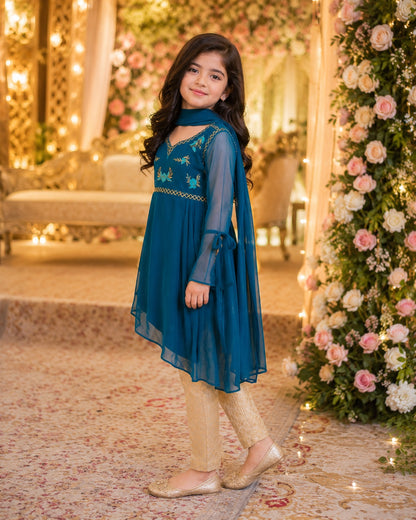 Teal Blue Asymmetric Embroidered Festive 3-Piece Suit | Girls