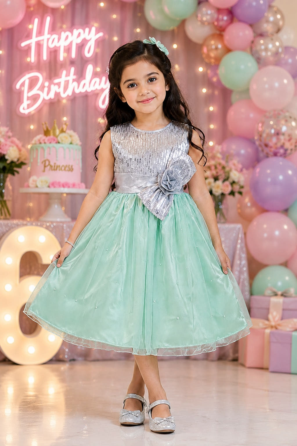 Mint Green & Silver Sequined Party Net Frock Set