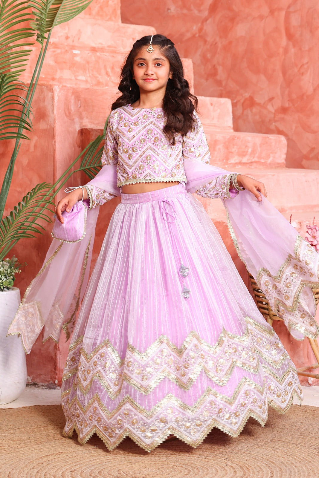 Girls Lavender Chevron Embroidered Lehnga Choli Set with Dupatta & Potli | Mom & Me Wedding Collection | L3293