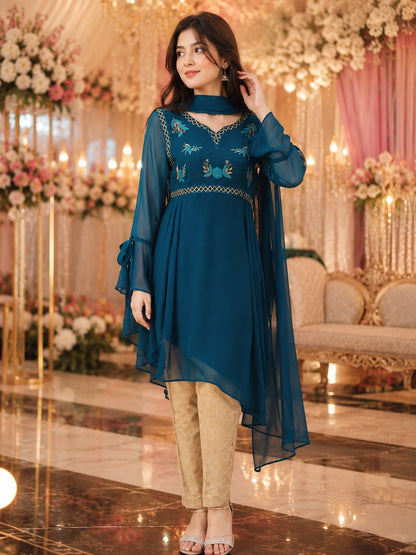 Teal Blue Asymmetric Embroidered Festive 3-Piece Suit