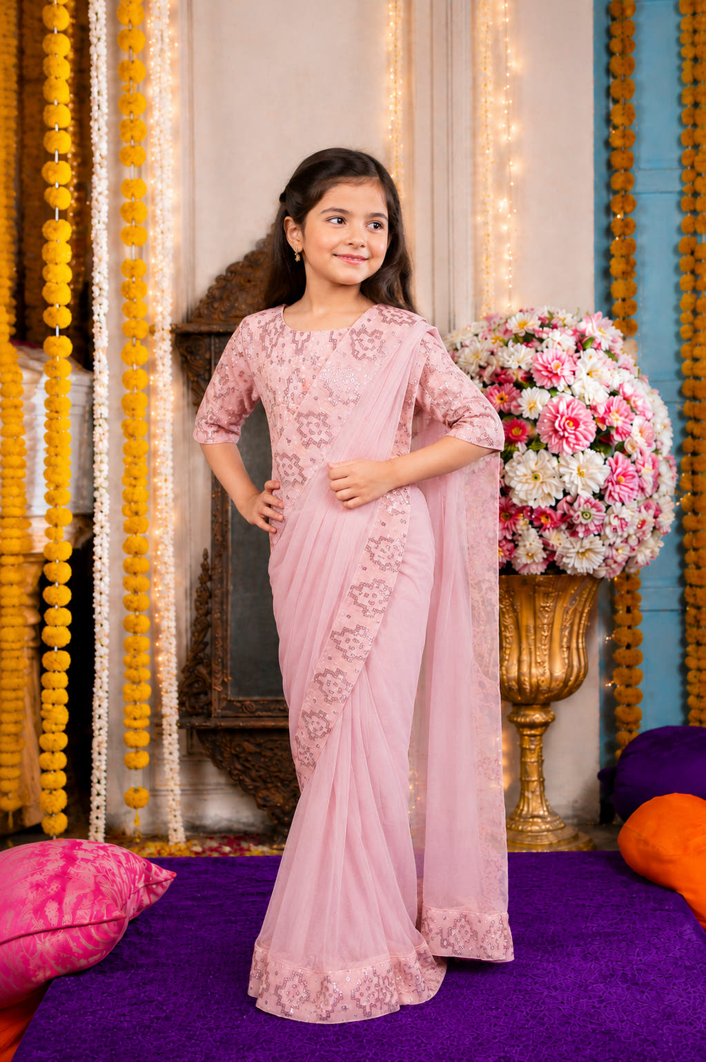 Blush Pink Sequined Embroidered Festive Saree Set | Girls