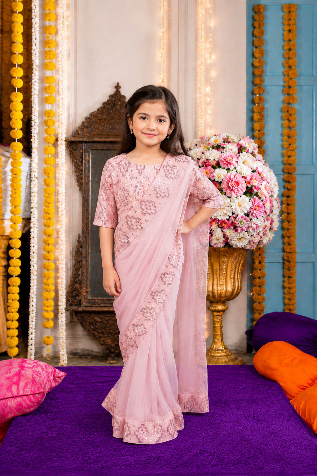 Blush Pink Sequined Embroidered Festive Saree Set | Girls