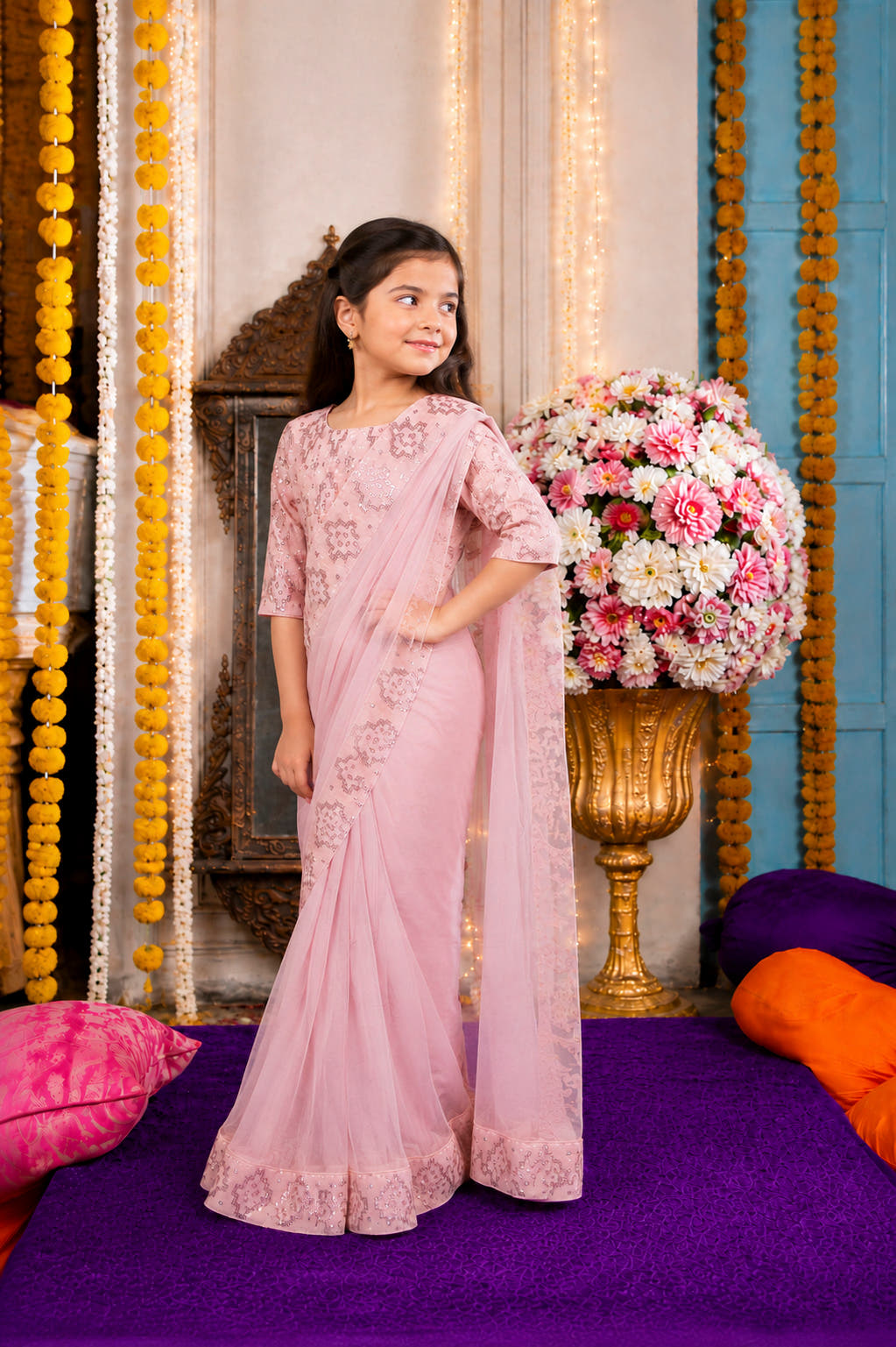 Blush Pink Sequined Embroidered Festive Saree Set | Girls
