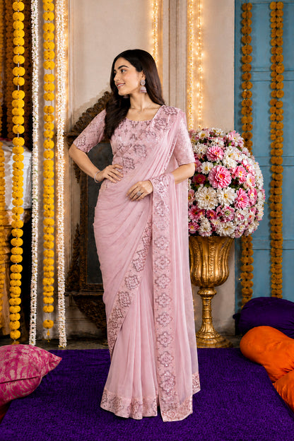 Blush Pink Sequined Embroidered Festive Saree Set