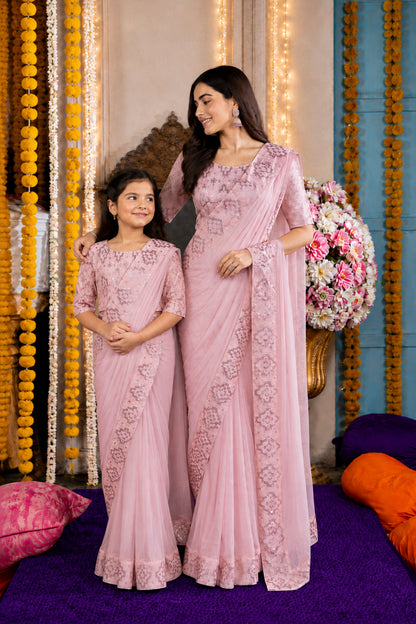 Blush Pink Sequined Embroidered Festive Saree Set | Girls