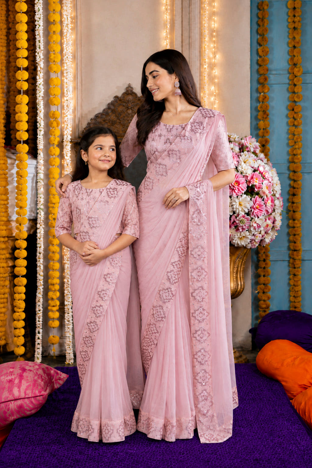 Blush Pink Sequined Embroidered Festive Saree Set