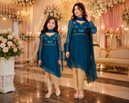 Teal Blue Asymmetric Embroidered Festive 3-Piece Suit