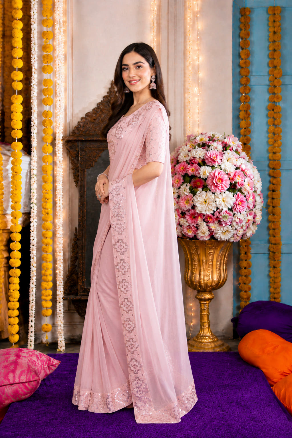Blush Pink Sequined Embroidered Festive Saree Set