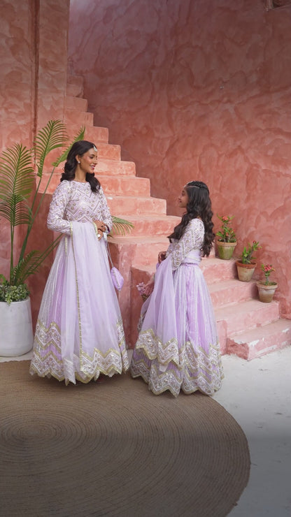 Lavender Chevron Embroidered Lehenga Choli Set with Dupatta & Potli | Girls