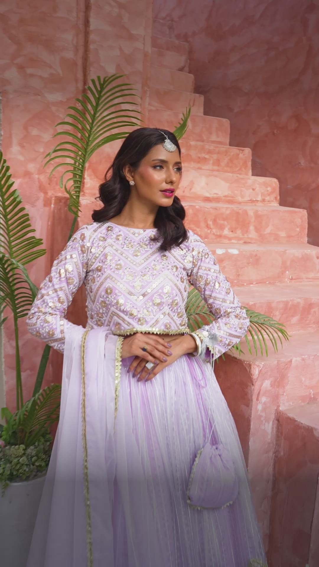 Lavender Chevron Embroidered Lehenga Choli Set with Dupatta & Potli