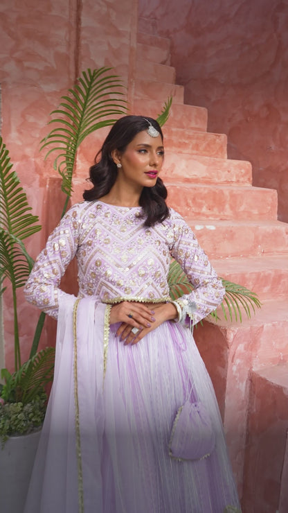 Lavender Chevron Embroidered Lehenga Choli Set with Dupatta & Potli