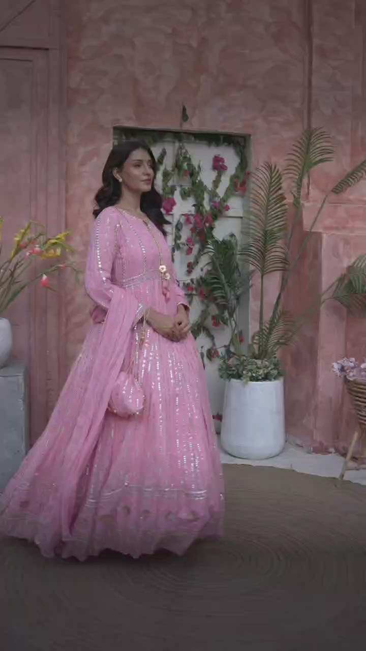 Flamingo Pink Embroidered Luxury Festive Chiffon Maxi | Girls