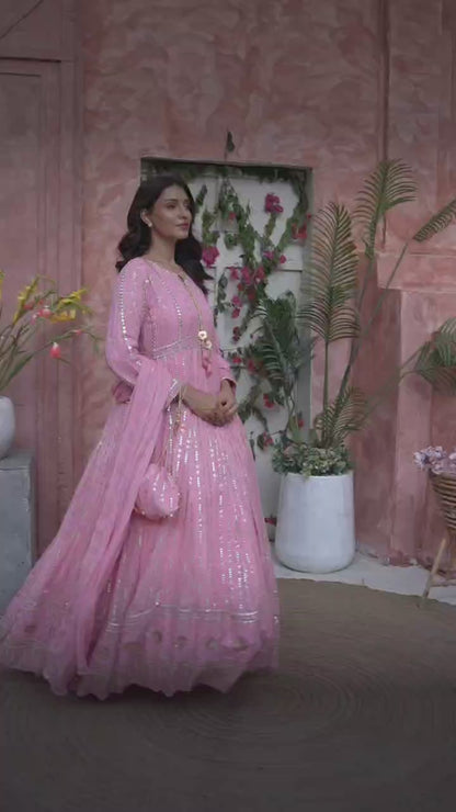 Flamingo Pink Embroidered Luxury Festive Chiffon Maxi | Girls