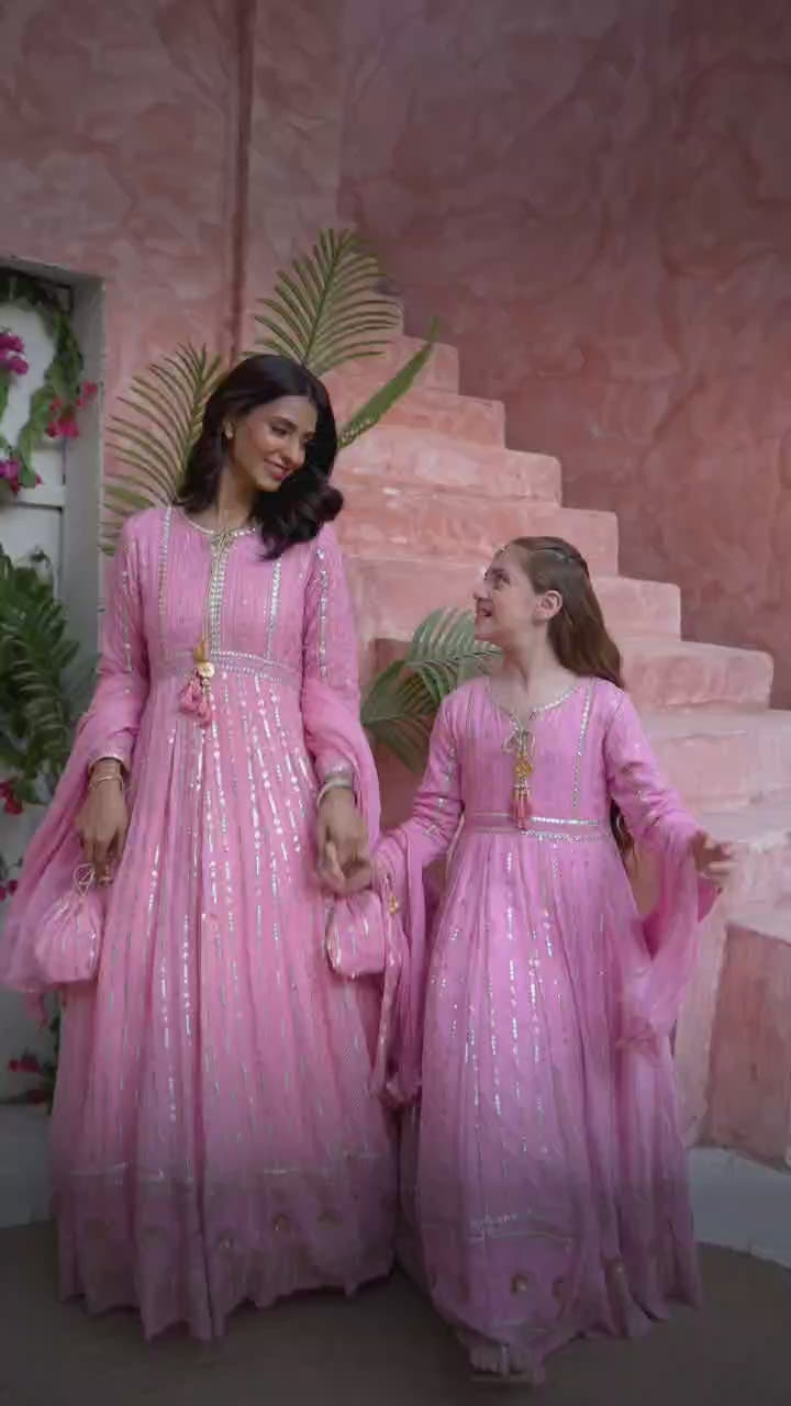 Flamingo Pink Embroidered Luxury Festive Chiffon Maxi
