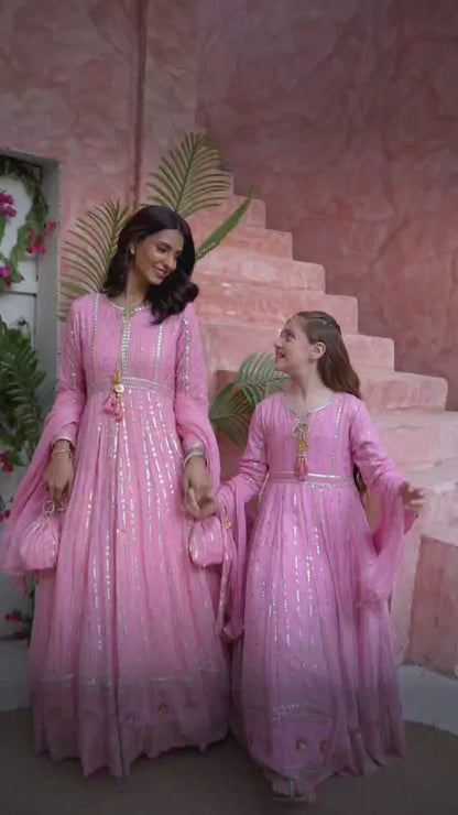 Flamingo Pink Embroidered Luxury Festive Chiffon Maxi