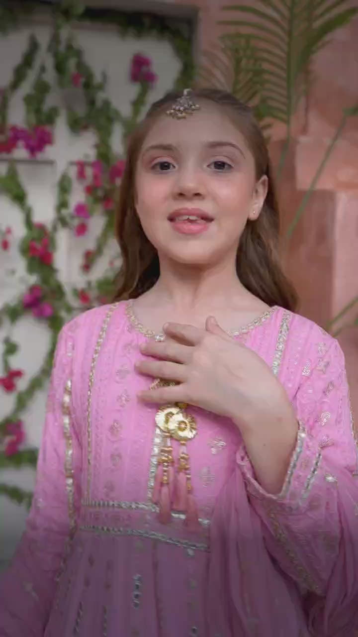 Flamingo Pink Embroidered Luxury Festive Chiffon Maxi | Girls