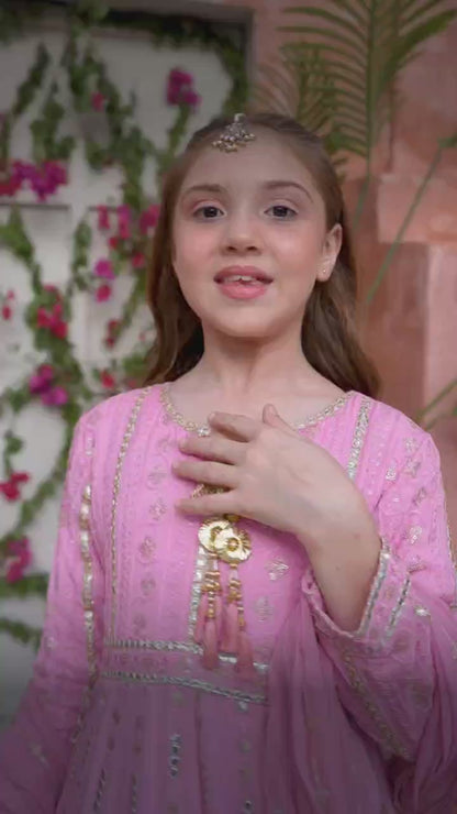 Flamingo Pink Embroidered Luxury Festive Chiffon Maxi | Girls