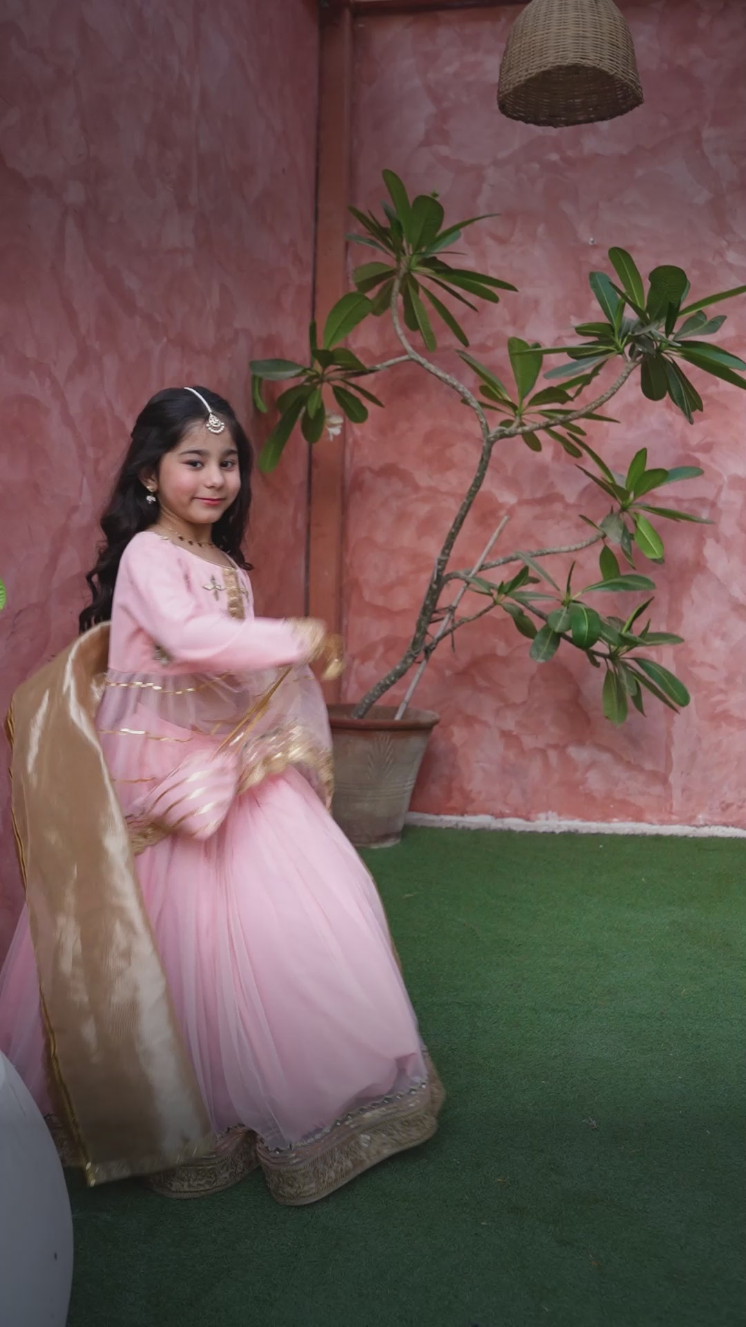 Peach Mirror Work Peplum Lehenga Set with Golden Brocade Dupatta | Girls
