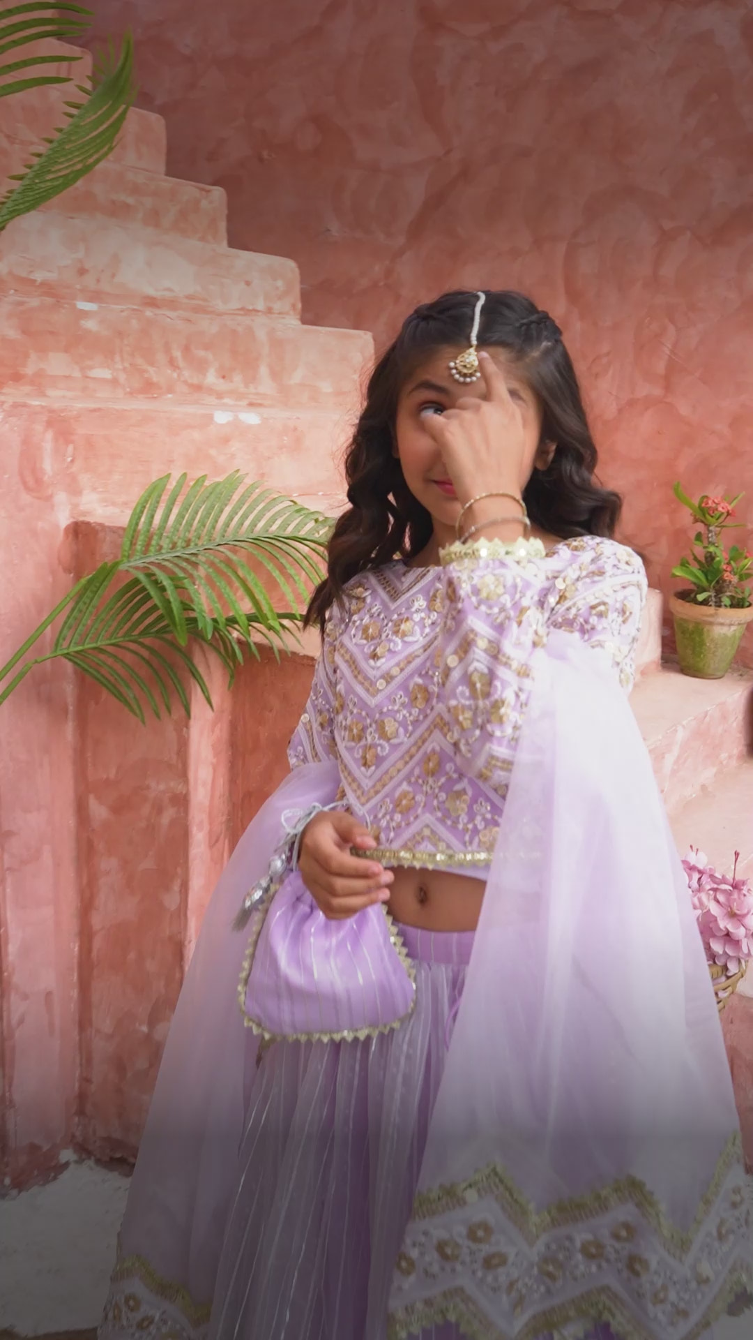 Lavender Chevron Embroidered Lehenga Choli Set with Dupatta & Potli | Girls